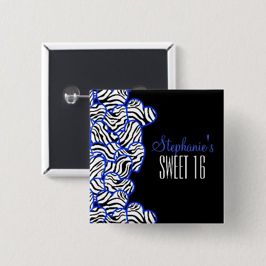 Stilvolles Cobalt Sweet 16 Zebra Herzdesign Name Button (Vorne & Hinten)