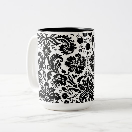 Stilvolles Damastschwarzweiss-muster Zweifarbige Tasse (Vorderseite Links)