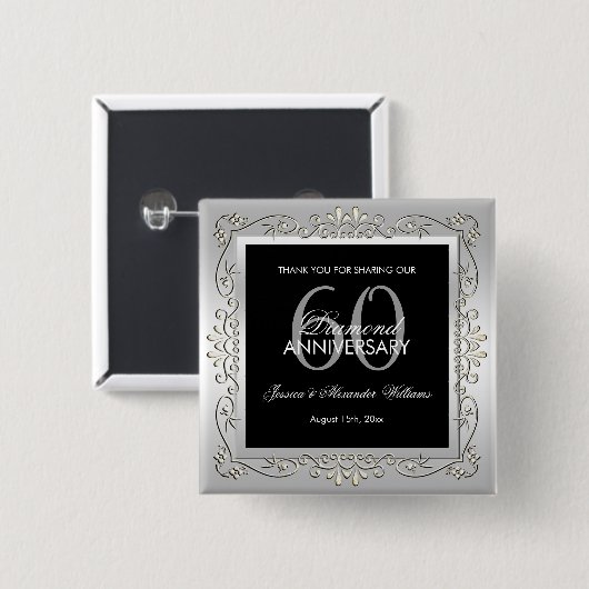 Stilvolles Dekorativ Silber 60. Hochzeitstag Button (Vorne & Hinten)