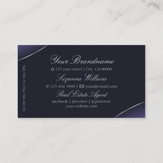 Stilvolles Dunkelblau mit schick silberfarbenem Bo Visitenkarte (Rückseite)