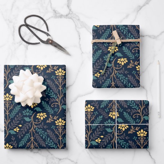 Stilvolles dunkelblaues Stoffmuster mit Blumen  Geschenkpapier Set (Vorderseite)