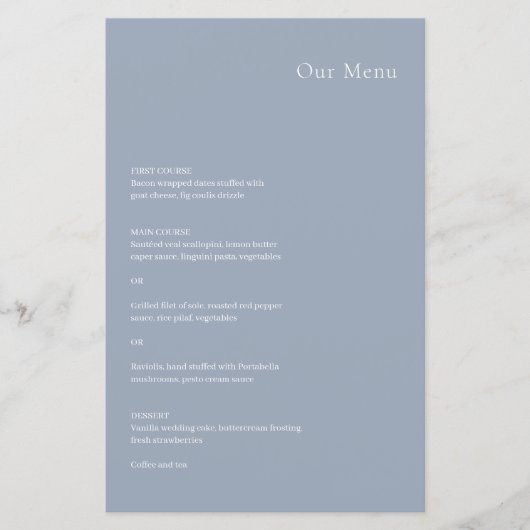 Stilvolles Dusty Blue Modern Wedding Menu (Vorderseite)
