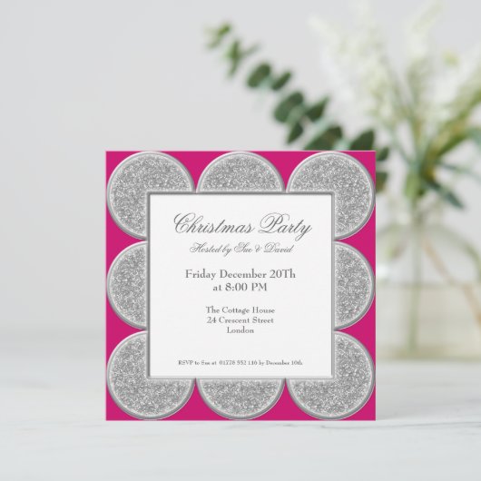 Stilvolles Einladungs-Silber-Glitzer-Rahmen-Rosa Einladung (Stehend Vorderseite)