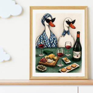 Stilvolles Entenpaar Wein- und Käsekunst Poster