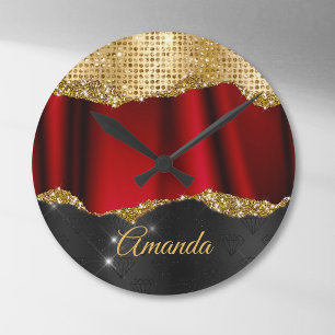 Stilvolles falsches Glitter Rot Gold schwarzes Mon Runde Wanduhr