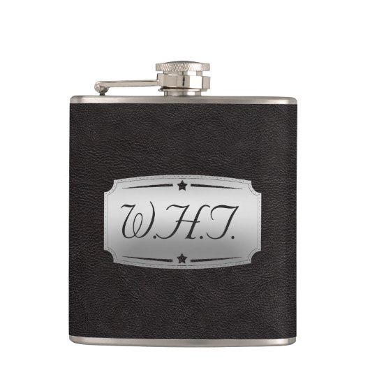 Stilvolles falsches schwarzes Leder-Druck-Monogram Flachmann (Vorderseite)