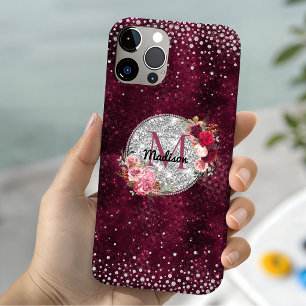 Stilvolles falsches Silber-Glitter-Burgunder-Blume Case-Mate iPhone Hülle