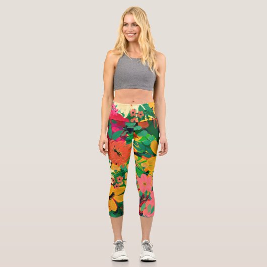 Stilvolles farbenfrohes, florales Design Capri Leggings (Vorderseite)