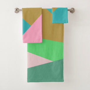 Stilvolles, farbiges rosa und grün geometrisches M Badhandtuch Set