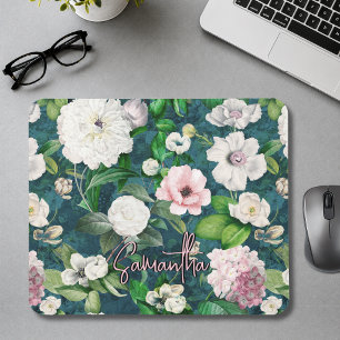 Stilvolles florales rosa Blumen grünes Monogramm-M Mousepad