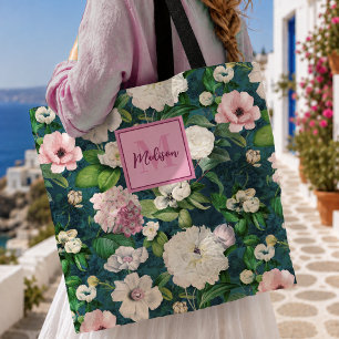 Stilvolles florales rosa Blumen grünes Monogramm-M Tasche
