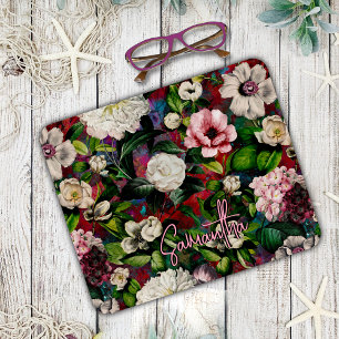 Stilvolles florales rosa Blumen rotes Monogramm-Mu Mousepad