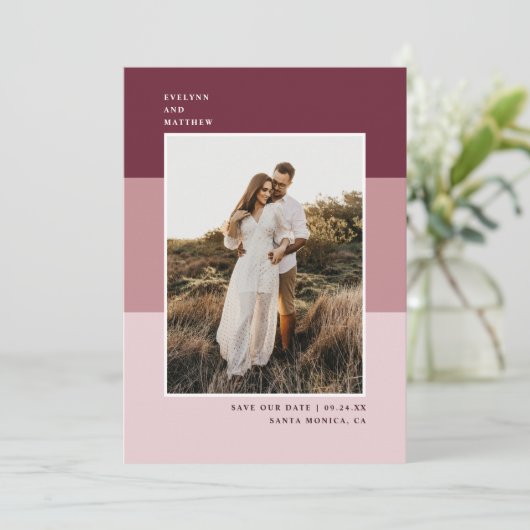 Stilvolles Foto für moderne Farbblöcke | Beere Save The Date (Stehend Vorderseite)