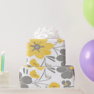 Stilvolles gelbes und graues Blumenmuster auf weiß Geschenkpapier