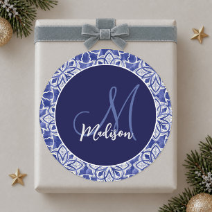 Stilvolles, girly blau-graues klassisches Monogram Runder Aufkleber