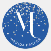 Stilvolles Glam Silver Glitzer Blue Name Monogram Runder Aufkleber (Vorderseite)