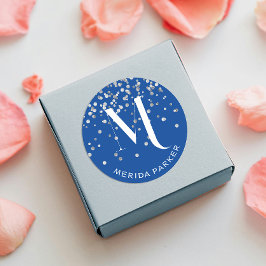 Stilvolles Glam Silver Glitzer Blue Name Monogram Runder Aufkleber