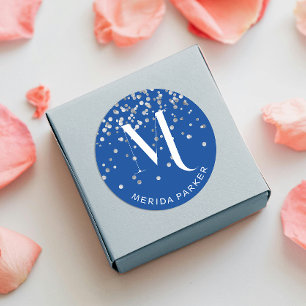 Stilvolles Glam Silver Glitzer Blue Name Monogram Runder Aufkleber