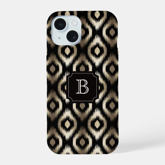 Stilvolles Gold & Black Diamond Ikat Muster Monogr iPhone 15 Hülle (Rückseite)