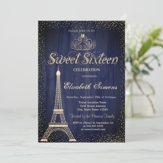 Stilvolles Gold Tiara Confetti Eiffelhandtuch Swee Einladung (Stehend Vorderseite)