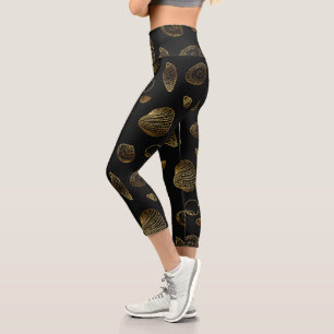 Stilvolles Gold- und Black Seashells-Muster Capri Leggings