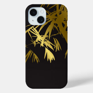 Stilvolles Golden Bamboo Blätter Zen auf schwarz-m iPhone 15 Hülle