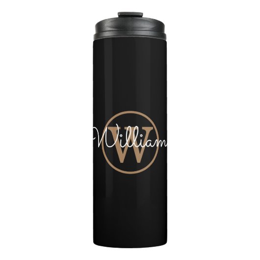 Stilvolles goldenes Monogramm-Schriftname Schwarz Thermosbecher (Vorderseite)