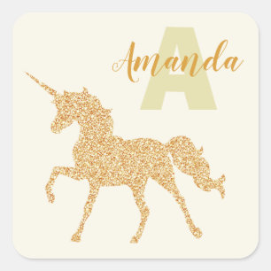 Stilvolles GoldGlitter Unicorn-Namemonogramm Quadratischer Aufkleber