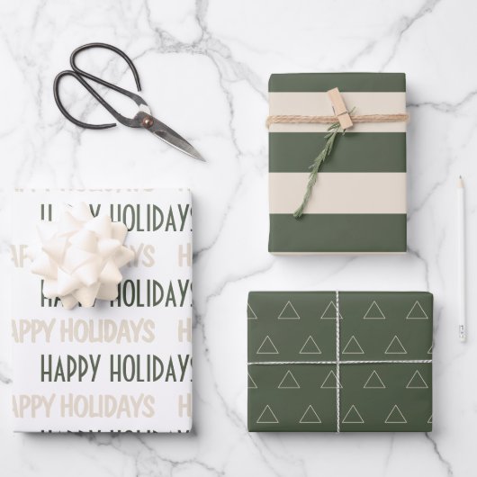 Stilvolles grünes Beige Happy Holidays Wrapping Pa Geschenkpapier Set (Vorderseite)