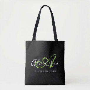 Stilvolles grünes Skript-Monogramm-Einkaufstasche Tasche