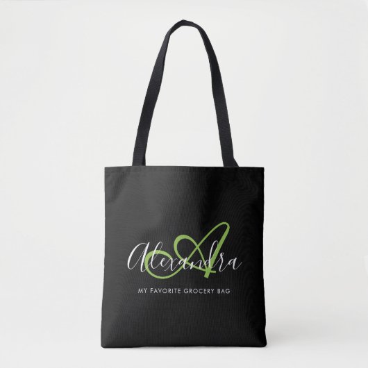 Stilvolles grünes Skript-Monogramm-Einkaufstasche Tasche (Vorderseite)