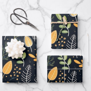 Stilvolles grünes und gelbes Blattmuster Geschenkpapier Set