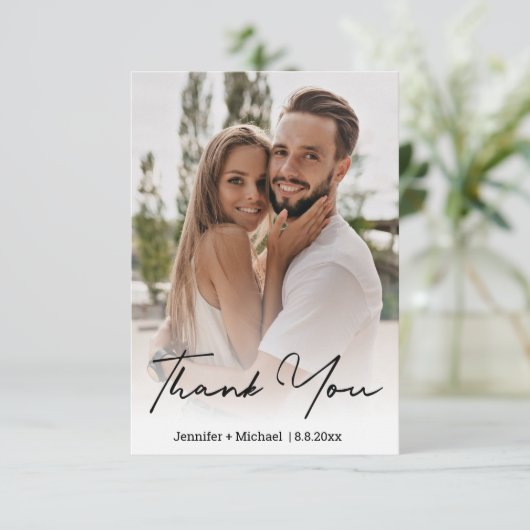 stilvolles, handgeschriebenes Hochzeitsfest-Foto Dankeskarte (Stehend Vorderseite)