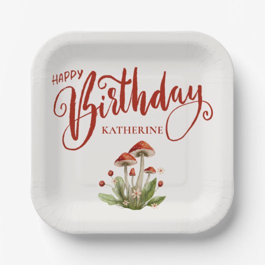 Stilvolles Happy Birthday Retro Mushroom Pappteller (Vorderseite)