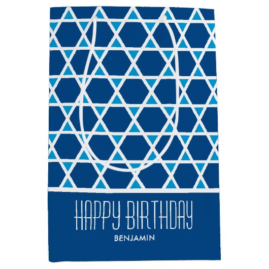 Stilvolles Happy Birthday Star Pattern Blue Custom Mittlere Geschenktüte (Vorderseite)