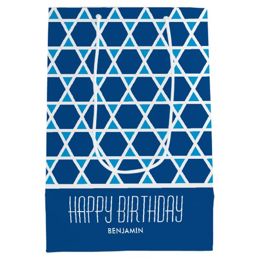 Stilvolles Happy Birthday Star Pattern Blue Custom Mittlere Geschenktüte (Rückseite)
