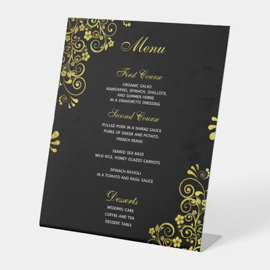 Stilvolles Hochzeitsmenü Black Gold Sockelschild (Vorderseite)