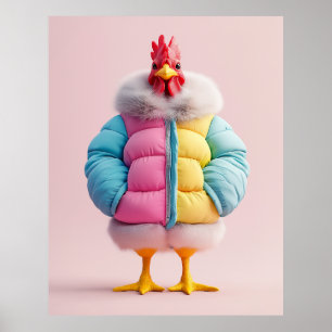 Stilvolles Huhn in farbenfroher Winterpuffer Jacke Poster