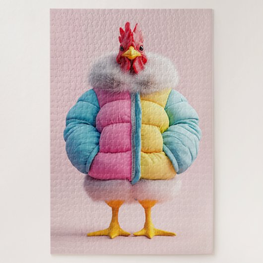 Stilvolles Huhn in farbenfroher Winterpuffer Jacke Puzzle (Vertikal)