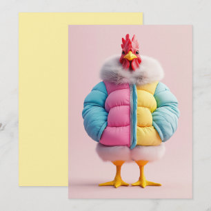 Stilvolles Huhn in farbenfroter Winter-Pufferjacke Einladung
