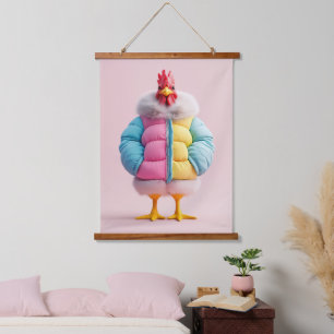 Stilvolles Huhn in farbenfroter Winter-Pufferjacke Wandteppich Mit Holzrahmen