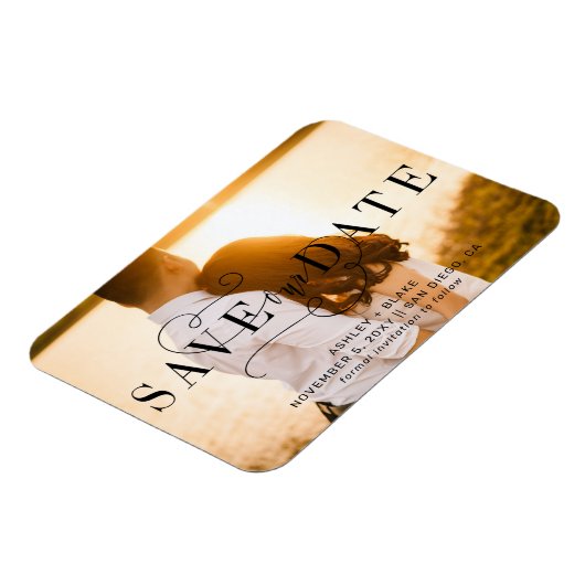 Stilvolles Kalligrafie-Foto Save the Date Magnet (Linke Seite)