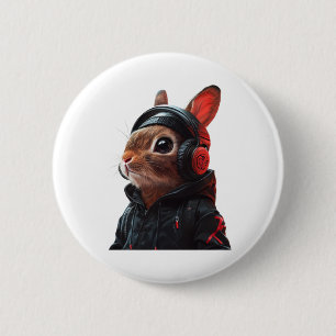 Stilvolles Kaninchen in schwarzen Hoodie und Kopfh Button