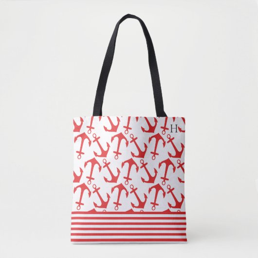 Stilvolles Küstenrot-Anker-Muster-Monogramm Tasche (Vorderseite)