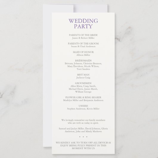 Stilvolles Lavender Floral Bouquet Wedding Program (Rückseite)