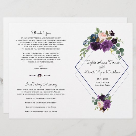 Stilvolles Lavender Navy Blue Floral Bloom Program (Vorne/Hinten)