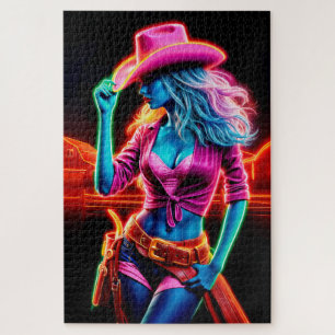 Stilvolles, lebendiges Cowgirl mit Retro-Neonbeleu Puzzle