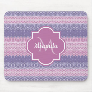 Stilvolles Lila Strick-Muster mit Monogramm und Na Mousepad
