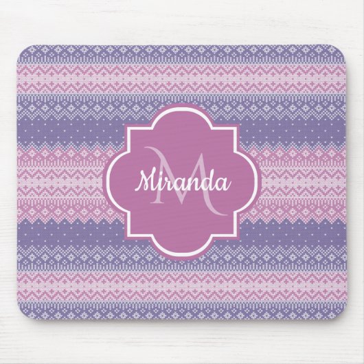 Stilvolles Lila Strick-Muster mit Monogramm und Na Mousepad (Vorne)