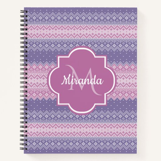 Stilvolles Lila Strick-Muster mit Monogramm und Na Notizbuch (Vorderseite)